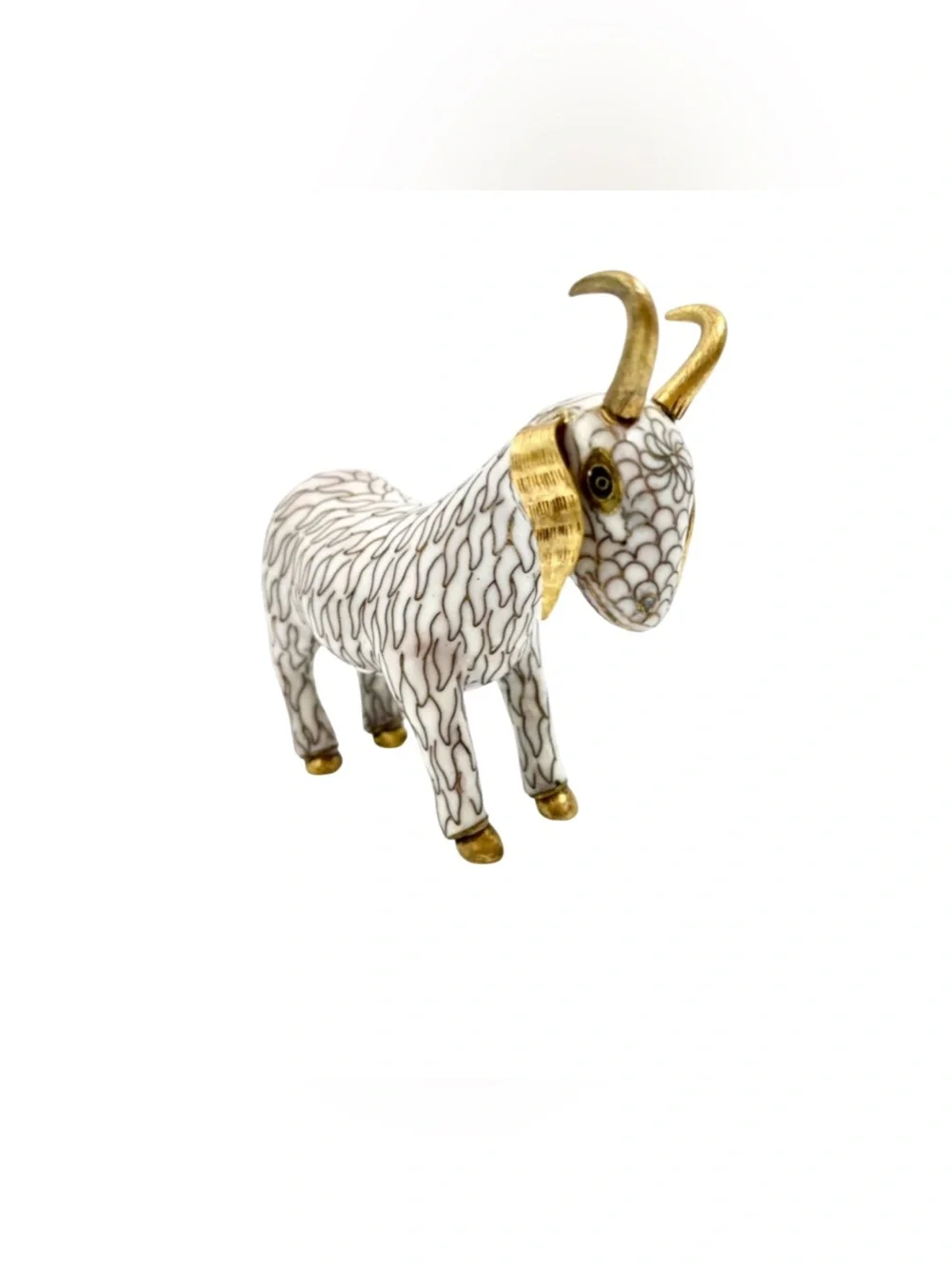 Vintage Chinese Cloisonne White Goat Ram Figurine Brass Enamel Collectible Decor